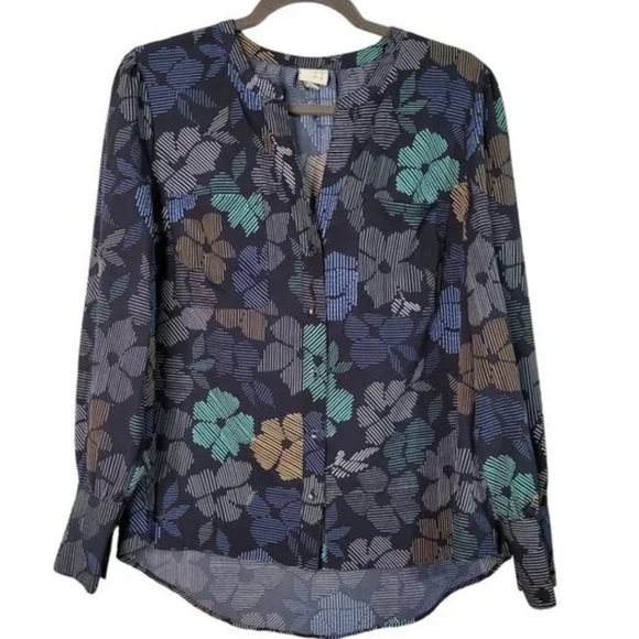 Floral Patterned Navy Blue Women's Top - Picture 1 of 5